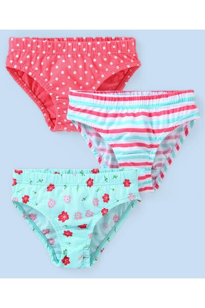 Babyhug 100% Cotton Knit Floral Print & Striped Panties Pack of 3 - Pink & Blue