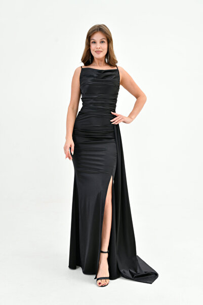 bayansepeti Černé saténové maxi šaty s řaseným a rozříznutým rybím střihem 39461