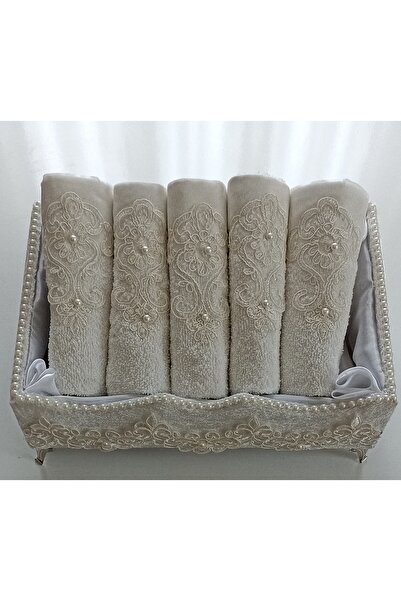 FNT Footed Velvet Guipure Pearl Towel Holder and 5 Pieces of 30*50 cm Cotton ...