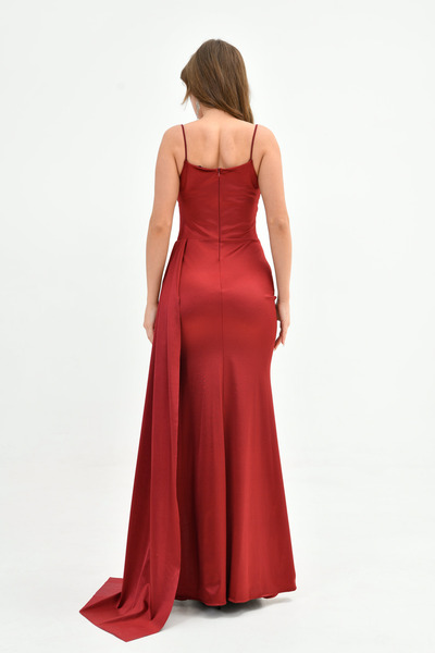 bayansepeti Burgundy Satin Maxi Dress with Draped and Slit Fish Cut 39461
