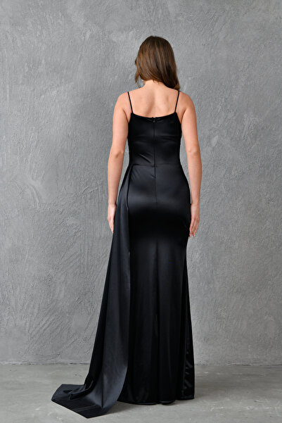 4S1B FASHION Degaje límec nařasený detail rozparku Rybí střih Saténová látka Maxi délka Černé saténové šaty 39461