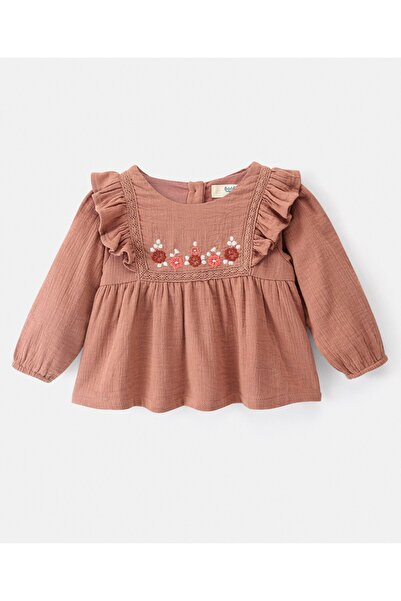Bonfino Cotton Full Sleeves Top With Floral Embroidery - Brown