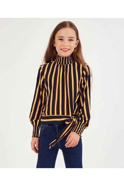 Primo Gino بلوزة مخططة بأكمام طويلة من الفيسكوز بنسبة 100% مع تفاصيل تدخين عل...