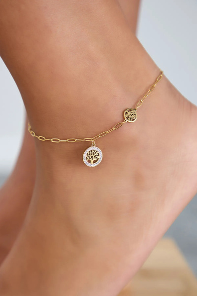 Lina Tia Kadın Hayat Ağacı Figürlü Kristal Zirkon Taşlı Altın Kaplama Çelik Kalın Yatay Zincirli Halhal