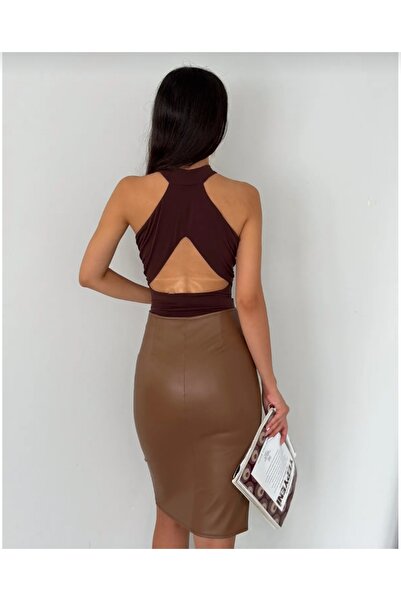 MAROVOAY Faux Leather Plus Size Slit Pencil Skirt
