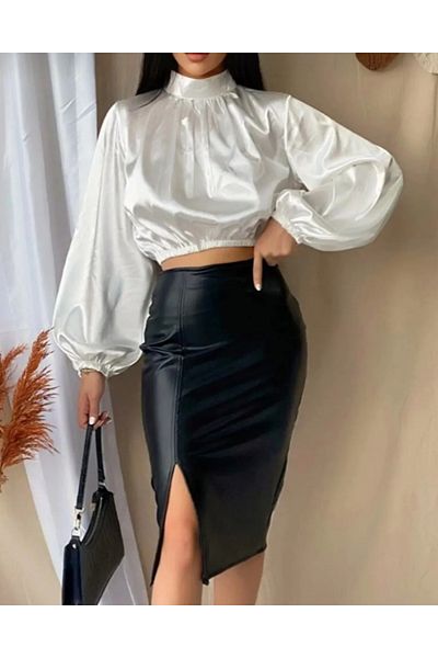 MAROVOAY Faux Leather Plus Size Slit Pencil Skirt