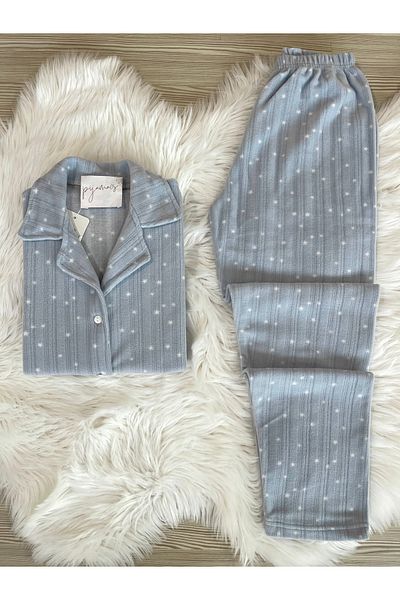 Pijamacs Light Gray Mini Star Patterned Front Buttoned Fleece Pajama Set