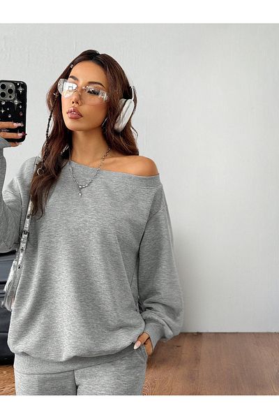 Butik Gray Loose Wide Collar High Waist Spanish Leg Pants Sweatshirt Suit