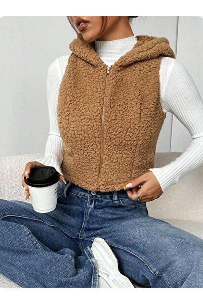 Pupa Hooded Zippered Plush Vest Cardigan