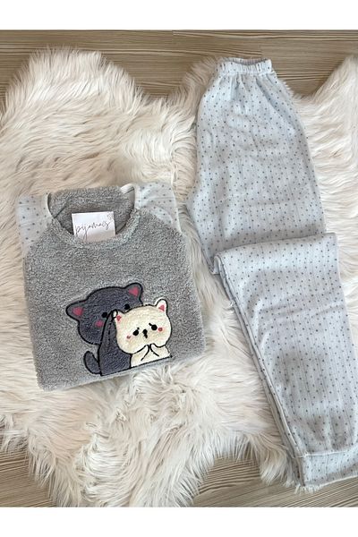 Pijamacs Set de pijamale din lână cu model pisicuță gri, cu detaliu de pluș în față