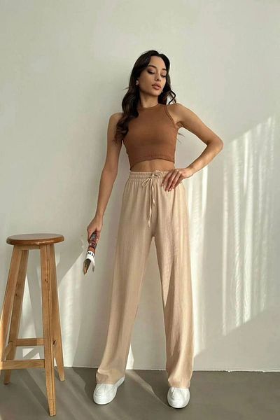 SİERNA Women's Seersucker Fabric Elastic Waist Wide Leg Trousers Oversize Srn-003919