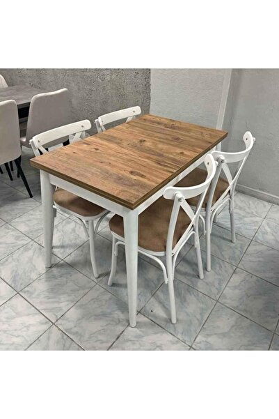 OnurEvimde Mutfak Masa Takımı Büyüyen Masa 4 Adet Sandalye Çam Renk Klasik Ahşap Ayak 70x110 cm