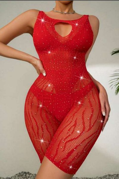 PJ & Me Red Colored Mini Dress Form Stone Body Stocking