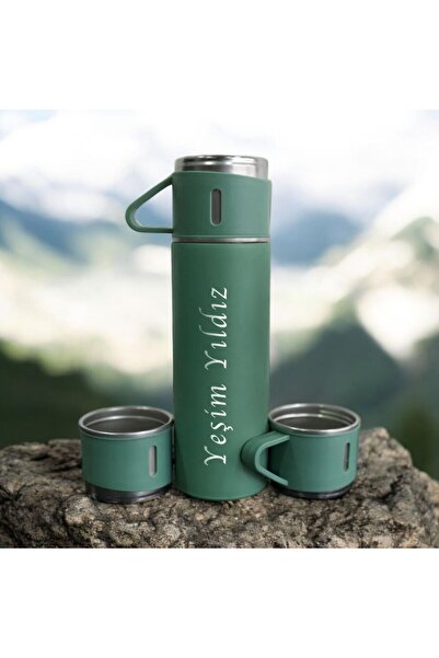 SÜPERKUTUMATBAA Kİşiye Özel Vacuum Flask Set Üç Bardaklı Kutulu Paslanmaz Çelik Termos Seti 500 Ml