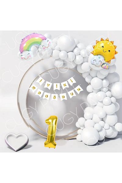 CUGY BOY & GIRL BIRTHDAY ORNAMENT PARTY SET SUN AND RAINBOW WHITE BALLOON CHAIN SET
