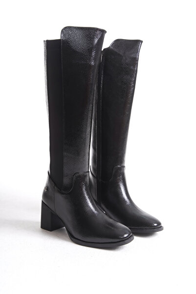 SEEM & BE Lea Kaymaz Taban Streç Lastikli Rugan Siyah Kadın Topuklu Çizme