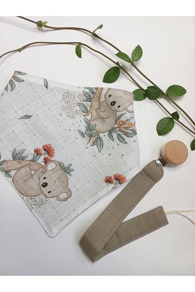 sbbaby Koala Muslin Bib and Pacifier Strap with Wooden Clip Set of 2