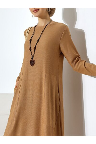 Modamorfo Φόρεμα τουνίκ με στρογγυλή λαιμόκοψη με διπλή τσέπη ασύμμετρη κοπή - μαύρισμα