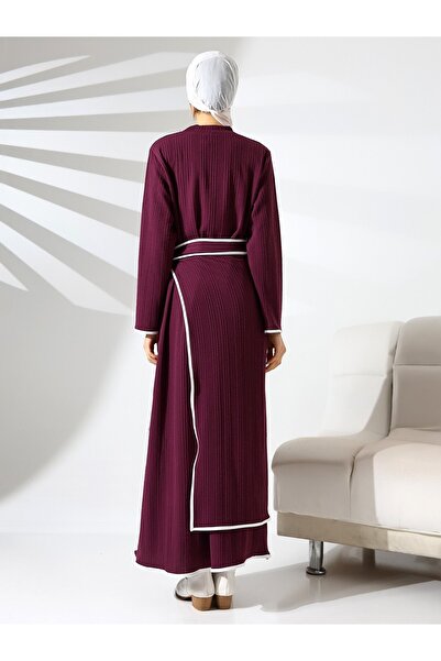 Modamorfo Stand Collar Knitted Crepe Waist Tied Two Piece Dress -Purple