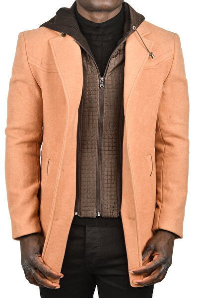 DeepSEA Ανδρικό παλτό Camel με αποσπώμενη κουκούλα με λεπτή εφαρμογή 2407010