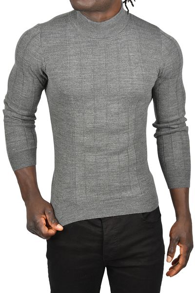 DeepSEA Men's Striped Anthracite Slim Fit Knitwear Sweater - Half Turtleneck 2505491