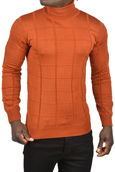 DeepSEA Men's Brick Color Square Pattern Turtleneck Slim Fit Turtleneck Knitwear Sweater 2505493