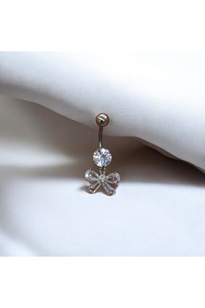 Takayrum Çelik Kararmaz Zirkon Taşlı Minik Kurdela Detaylı Göbek Piercing