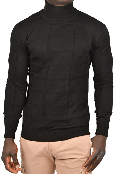 DeepSEA Ανδρικό πλεκτό πουλόβερ με μαύρο τετράγωνο σχέδιο με ζιβάγκο με λεπτή εφαρμογή 2505493