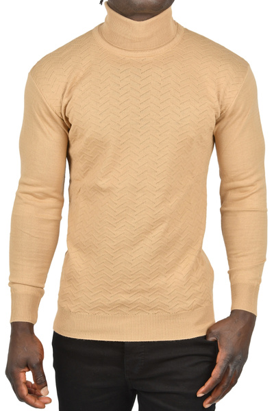 DeepSEA Men's Camel Zigzag Print Full Turtleneck Slim Fit Throat Knitwear Sweater 2505497