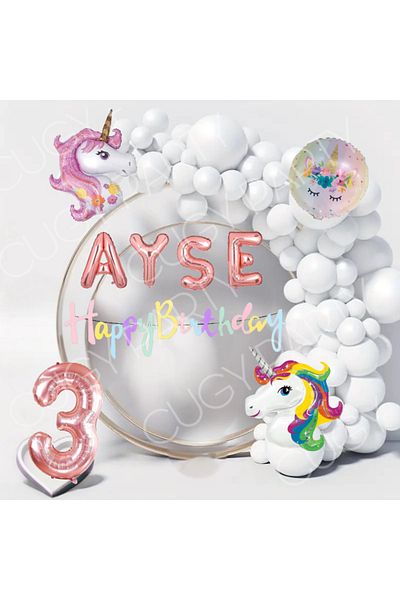CUGY Girl's Name Written Birthday Decoration Party Set Unicorn Themed Concept White Balloon Chain Set