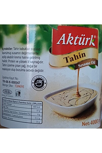Aktürk 4 kg Jar Tahini Traditional Flavor Sesame Tahini