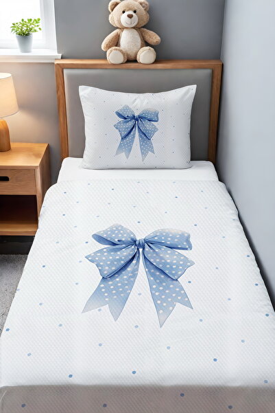 EVPANYA Mavi Puantiyeli Fiyonk Desenli Tek Kişilik Bebek Çocuk Pike Seti