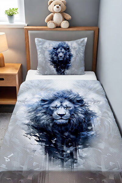 EVPANYA Lacivert Kral Aslan Desenli Tek Kişilik Bebek Çocuk Pike Seti