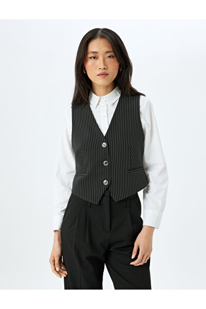 Koton Düğmeli V Yaka Çizgili Blazer Yelek