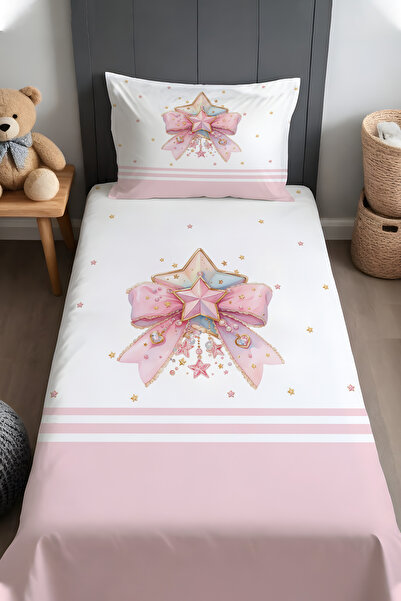 EVPANYA Pembe Yıldızlı Fiyonk Desenli Yatak Örtüsü ve Yastık Kılıfı