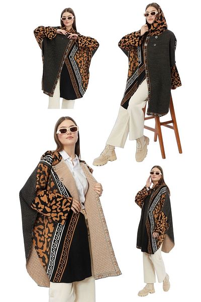 marufshop Women's Large Size Hooded Winter Thick Leopard Print Poncho