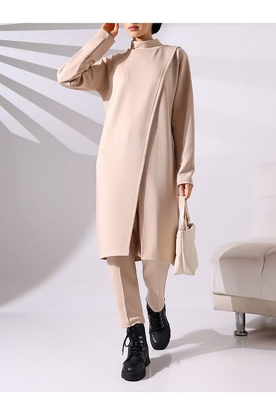 Modamorfo Σετ μπεζ Scuba Tunic και παντελόνι - Κολάρα και διπλό διπλό