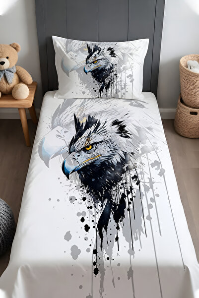 EVPANYA Siyah Beyaz Kartal Desenli Yatak Örtüsü ve Yastık Kılıfı