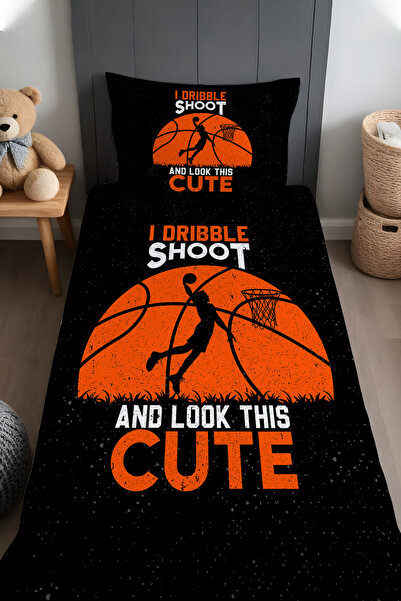 EVPANYA Siyah Turuncu Basket Topu Desenli Yatak Örtüsü ve Yastık Kılıfı