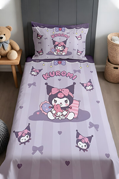 EVPANYA Mor Şeritli Oyuncu Kuromi Desenli Yatak Örtüsü ve Yastık Kılıfı