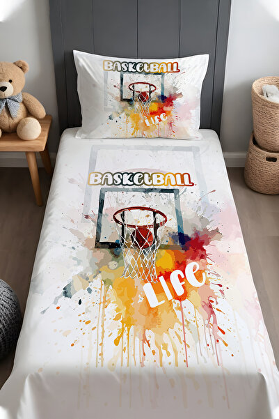 EVPANYA Renkli Basketbol Potası Desenli Yatak Örtüsü ve Yastık Kılıfı