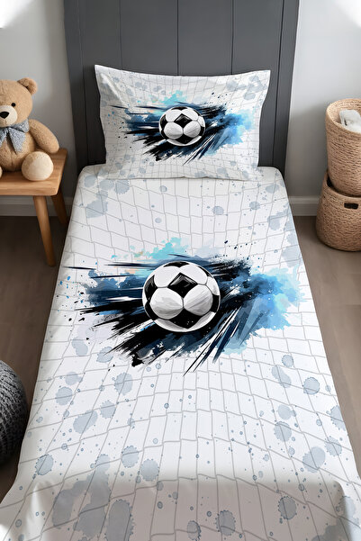 EVPANYA Mavi Futbol Topu Desenli Yatak Örtüsü ve Yastık Kılıfı