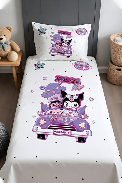 EVPANYA Mor Kuromi ve Sevimli Araba Desenli Yatak Örtüsü ve Yastık Kılıfı