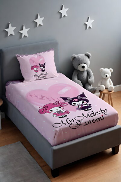 EVPANYA Pembe Puantiyeli My Melody ve Kuromi Desenli Yatak Örtüsü ve Yastık Kılıfı