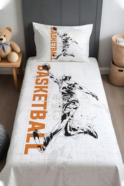 EVPANYA Turuncu Gri  Basketbolcu Desenli Yatak Örtüsü ve Yastık Kılıfı