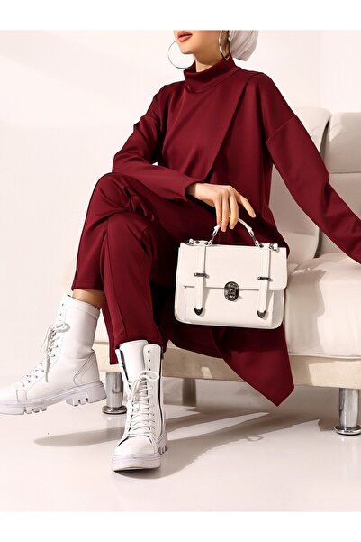 Modamorfo Scuba Fabric Stand Collar Double Layer Tunic and Trousers Set - Burgundy
