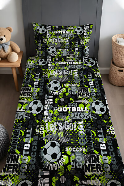 EVPANYA Gri Yeşil Futbol Desenli Yatak Örtüsü ve Yastık Kılıfı