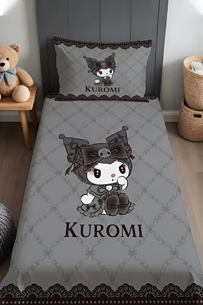 EVPANYA Gri Desenli Utangaç Kuromi Desenli Yatak Örtüsü ve Yastık Kılıfı