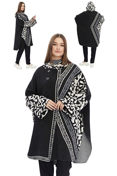 marufshop Kadın Büyük Bedene Uygun Kapüşonlu Kışlık Kalın Leopar Desenli Panço