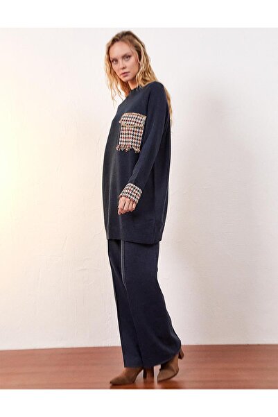 Kayra Half Turtleneck Houndstooth Garnished Knitwear Tunic Stone